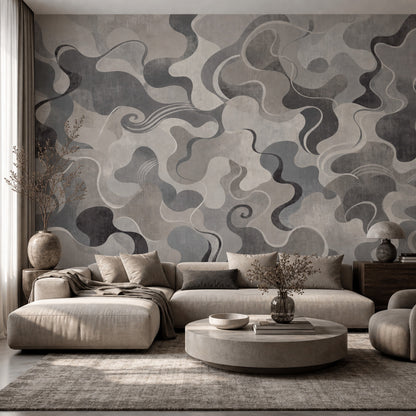 Gri Bej Soyut Dalgalı Poster Duvar Kağıdı Modern Salon