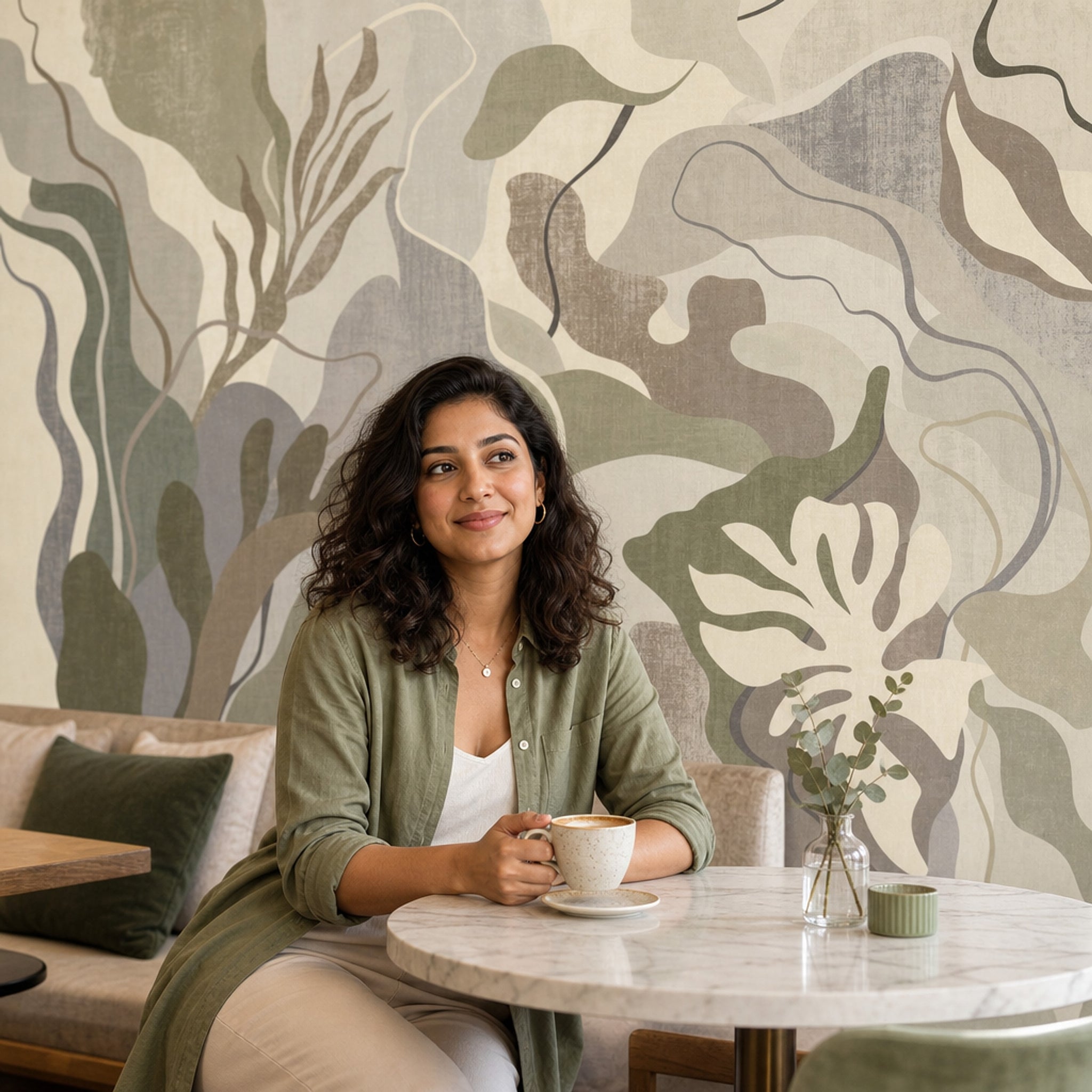 Soyut Dalga Desenli Poster Duvar Kağıdı Bej Gri Salon