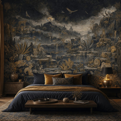 Vahşi Yaşam Manzaralı Poster Duvar Kağıdı Siyah Altın Salon