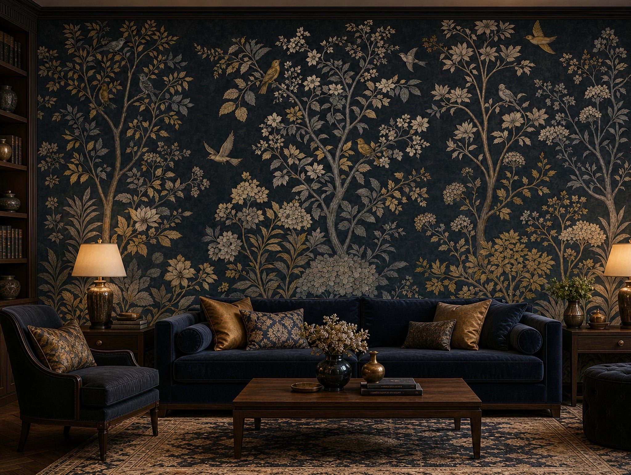 Kuşlu Çiçekli Poster Duvar Kağıdı Lacivert Gold Salon
