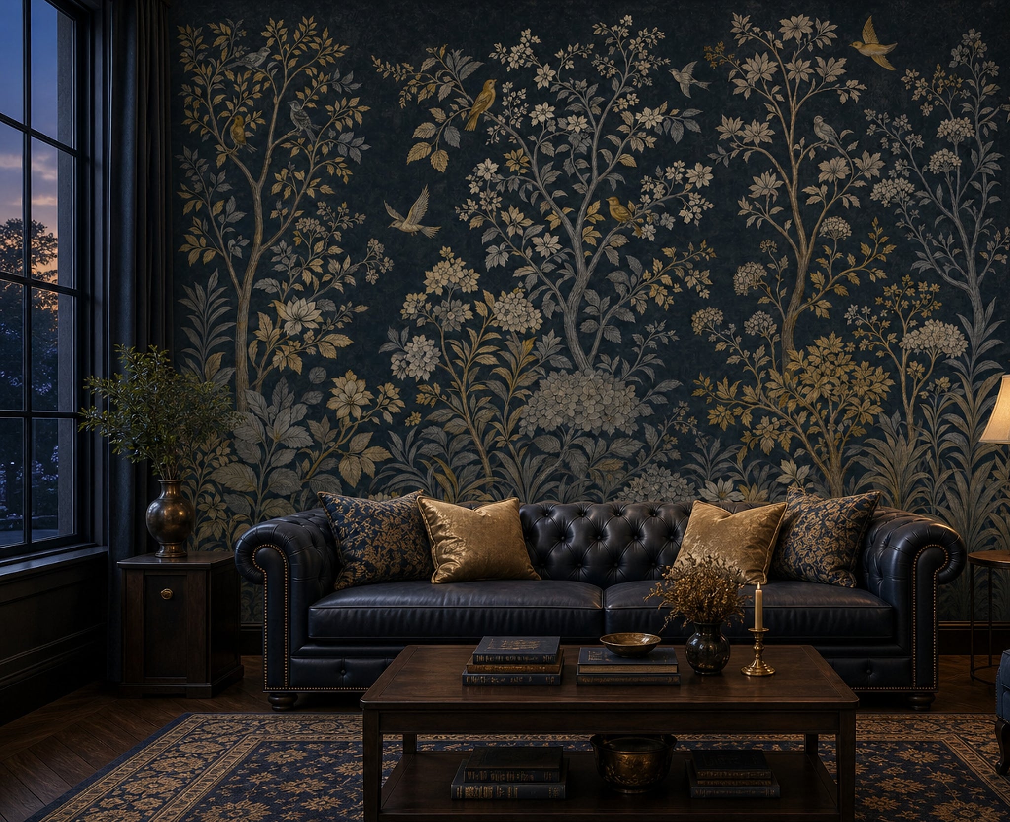 Kuşlu Çiçekli Poster Duvar Kağıdı Lacivert Gold Salon