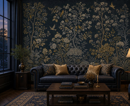 Kuşlu Çiçekli Poster Duvar Kağıdı Lacivert Gold Salon