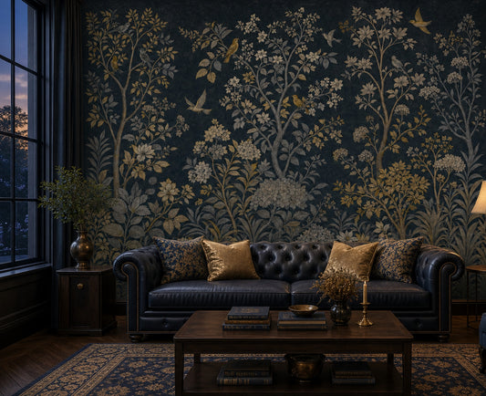 Kuşlu Çiçekli Poster Duvar Kağıdı Lacivert Gold Salon
