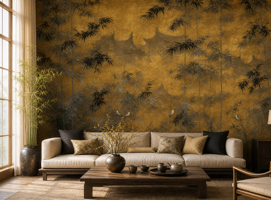 Altın Fonlu Bambu ve Kuşlar Poster Duvar Kağıdı Salon