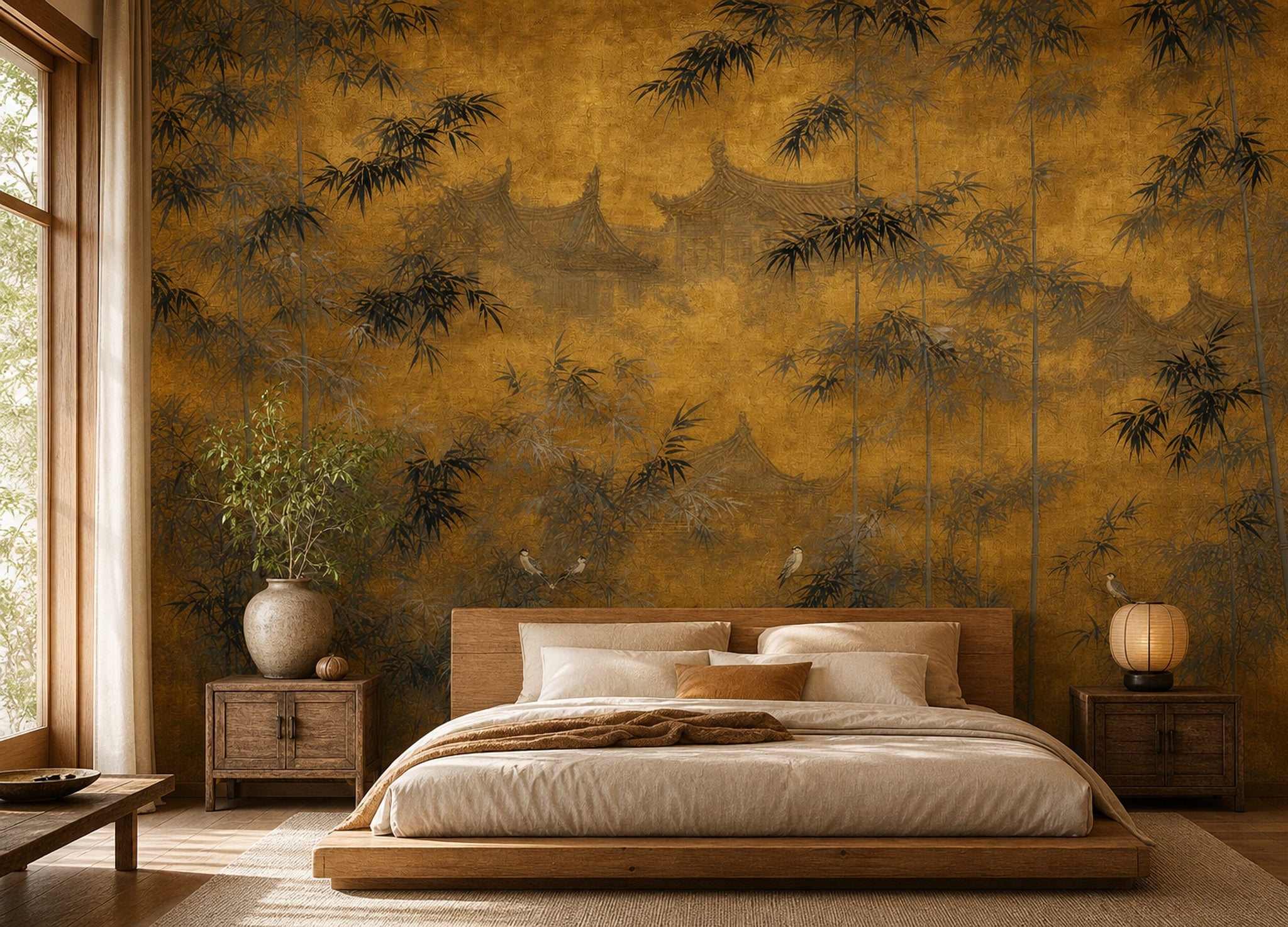 Altın Fonlu Bambu ve Kuşlar Poster Duvar Kağıdı Salon