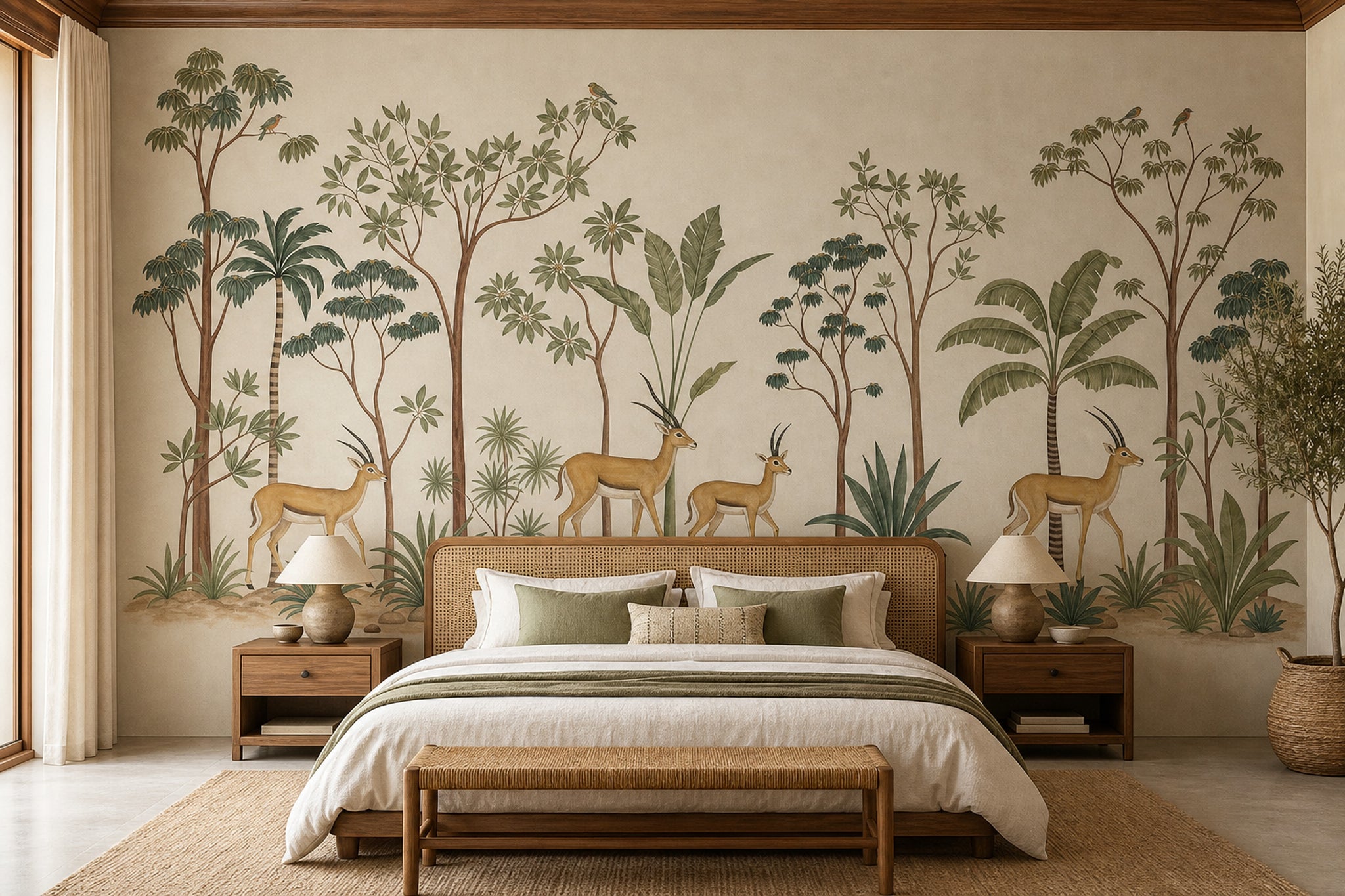 Tropikal Orman Hayvanlı Poster Duvar Kağıdı Yeşil Bej Salon