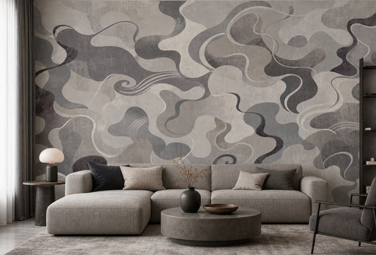 Gri Bej Soyut Dalgalı Poster Duvar Kağıdı Modern Salon