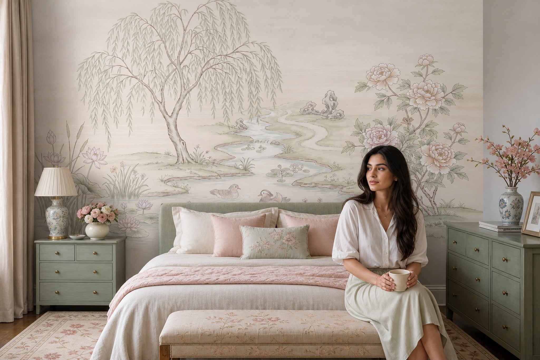 Pastel Peyzaj Poster Duvar Kağıdı Bej Yeşil Salon Dekoru