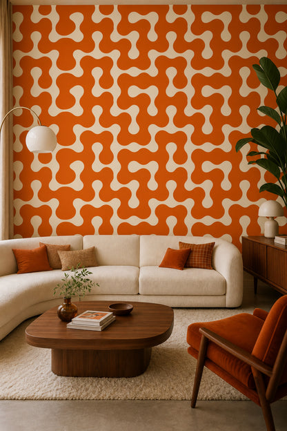 Turuncu Krem Soyut Geometrik Duvar Kağıdı Retro Salon