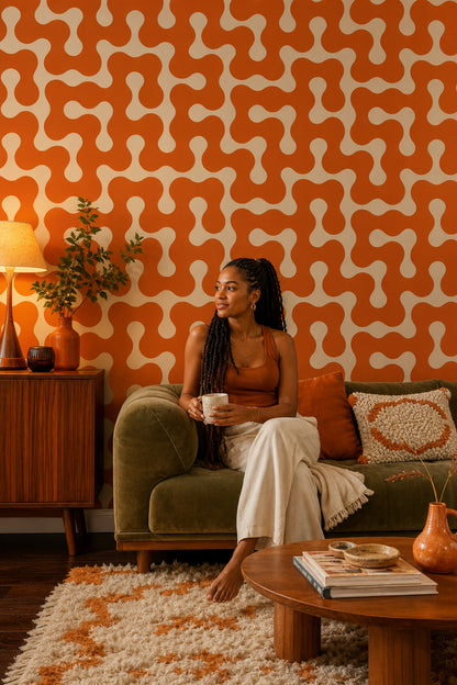 Turuncu Krem Soyut Geometrik Duvar Kağıdı Retro Salon