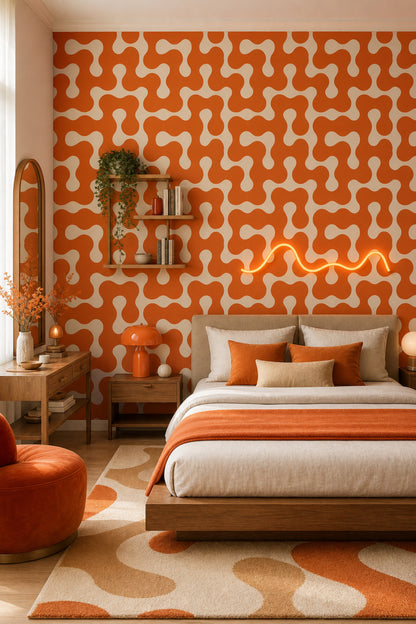 Turuncu Krem Soyut Geometrik Duvar Kağıdı Retro Salon