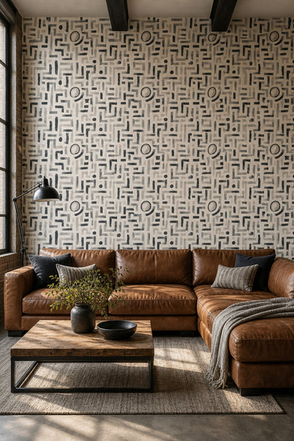 Soyut Geometrik Duvar Kağıdı Bej Siyah Desenli Salon