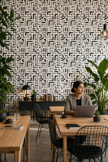 Soyut Geometrik Duvar Kağıdı Bej Siyah Desenli Salon
