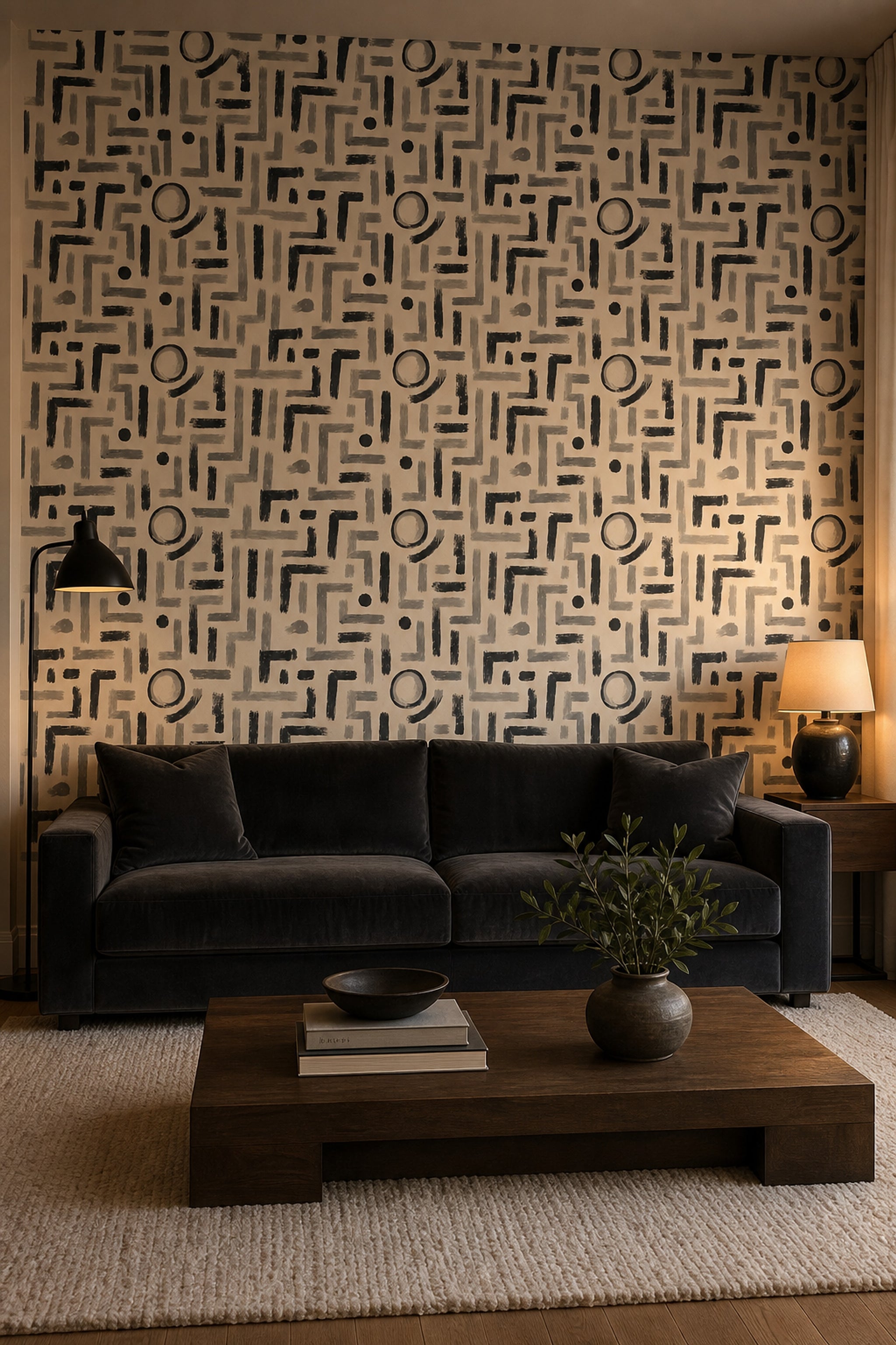 Soyut Geometrik Duvar Kağıdı Bej Siyah Desenli Salon
