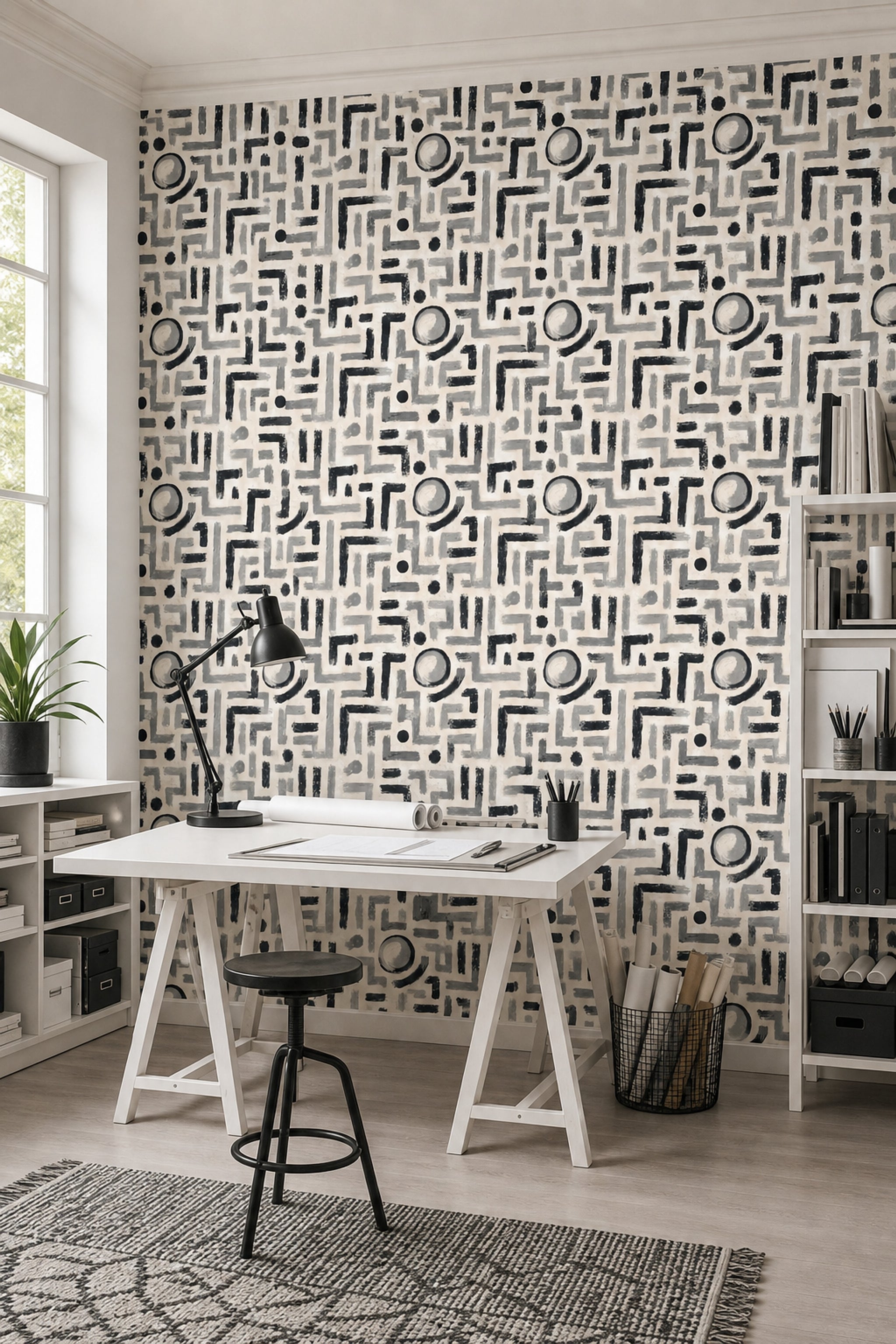 Soyut Geometrik Duvar Kağıdı Bej Siyah Desenli Salon