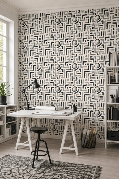 Soyut Geometrik Duvar Kağıdı Bej Siyah Desenli Salon