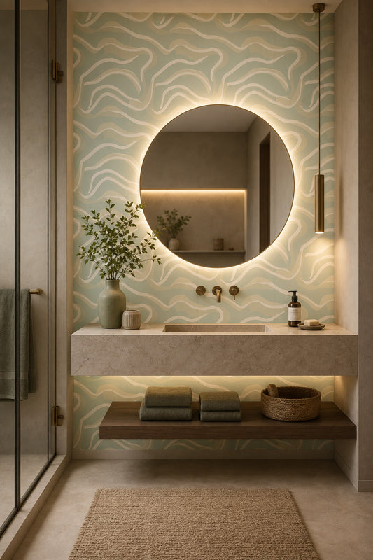 Dalgalı Çizgili Duvar Kağıdı Mint Yeşil Banyo Duvarı