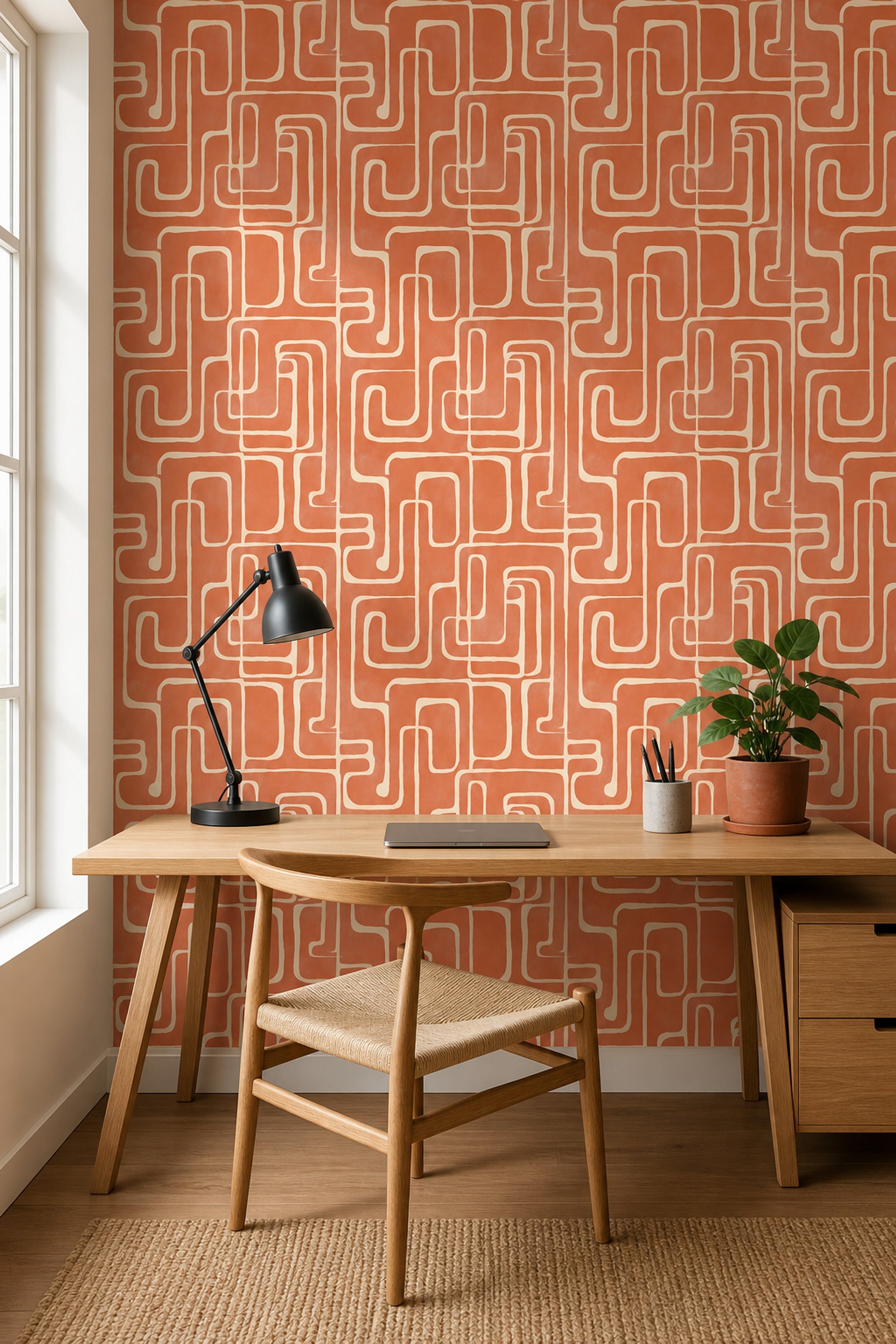 Retro Geometrik Duvar Kağıdı Turuncu Krem Desenli Salon