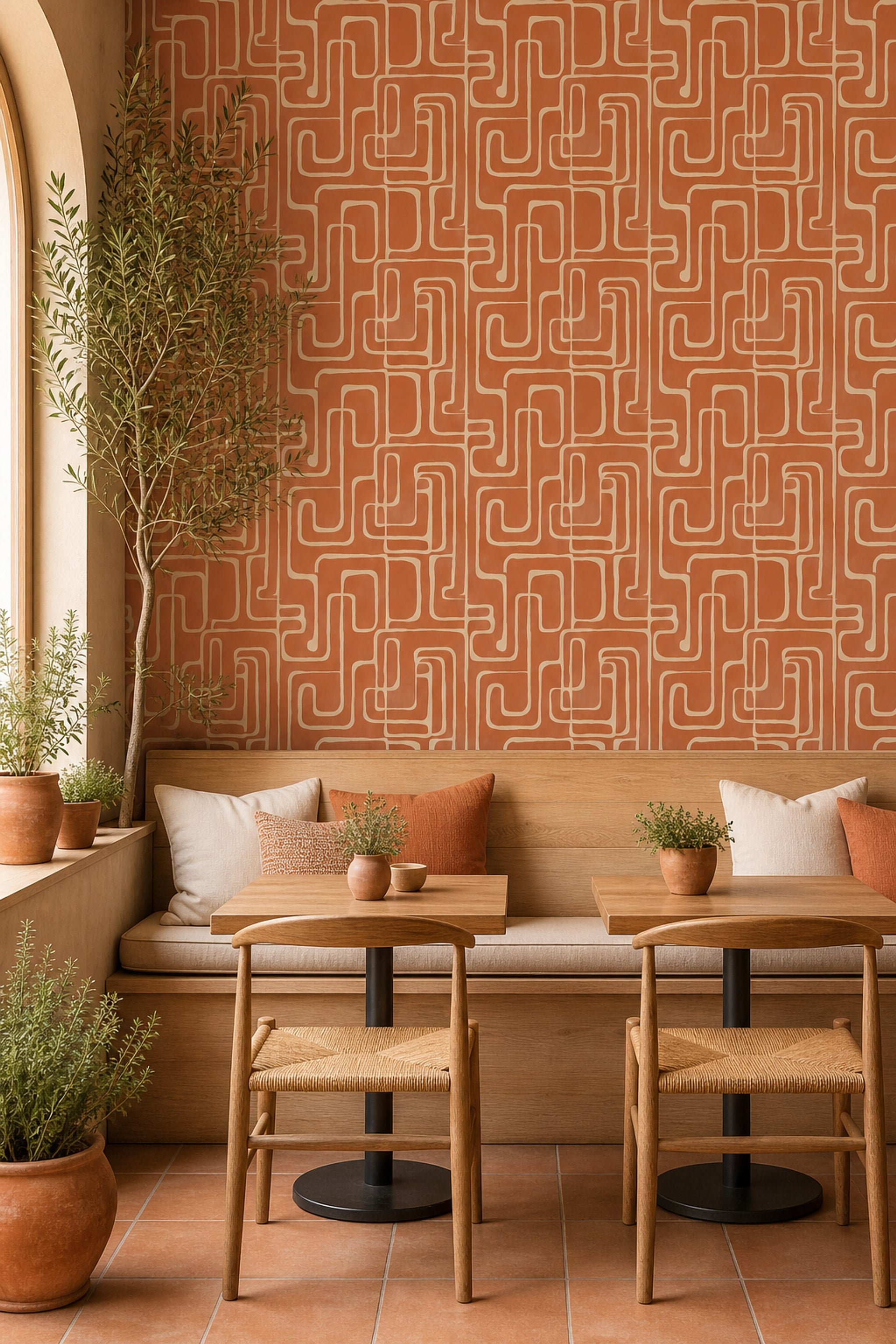 Retro Geometrik Duvar Kağıdı Turuncu Krem Desenli Salon