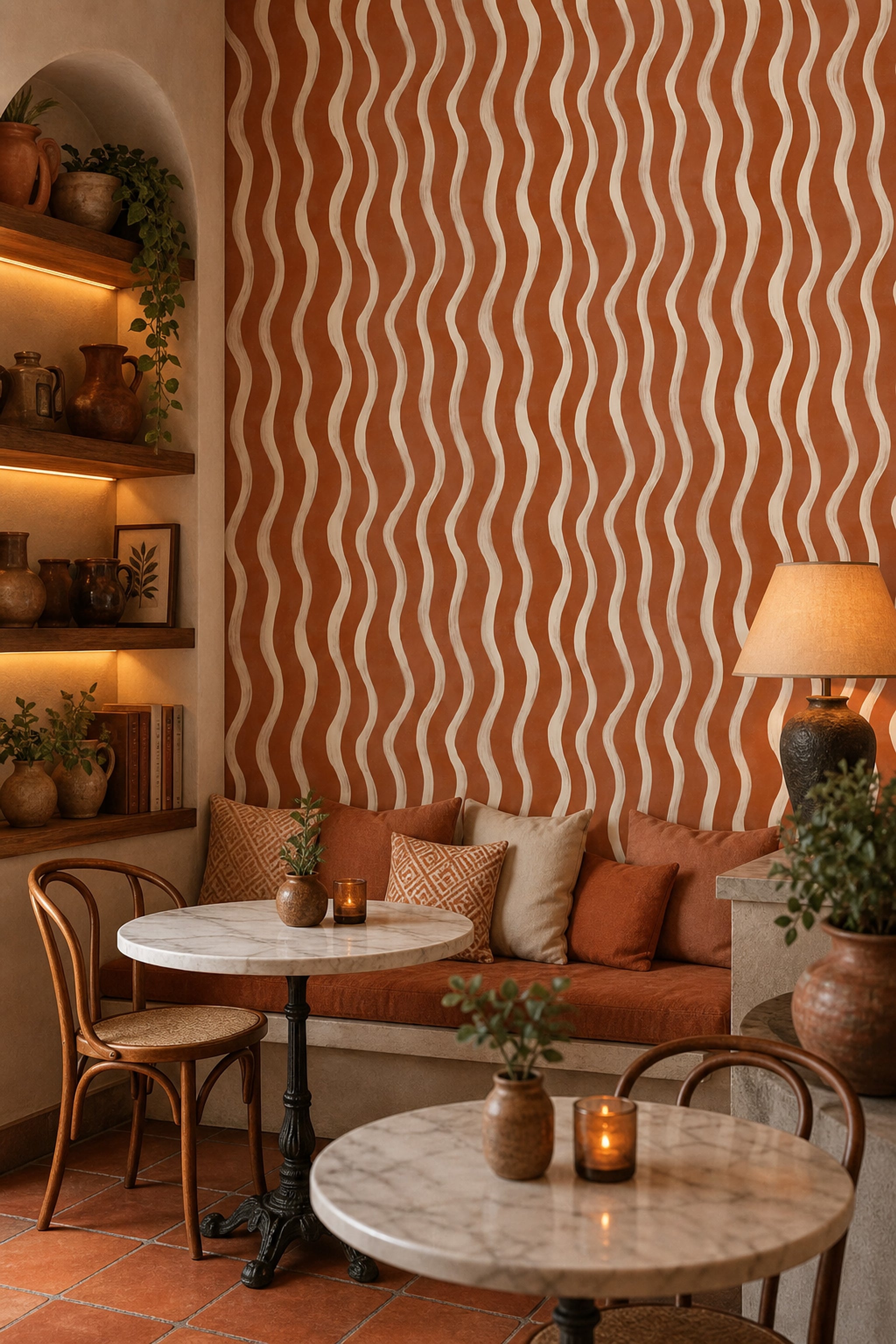 Dalgalı Çizgili Duvar Kağıdı Kiremit Bej Modern Salon