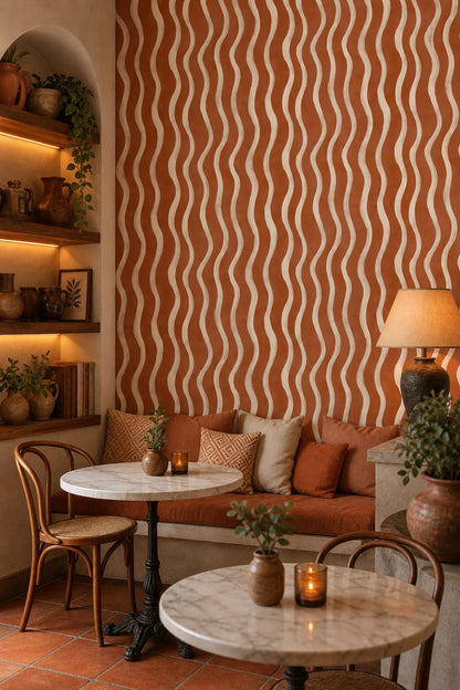 Dalgalı Çizgili Duvar Kağıdı Kiremit Bej Modern Salon