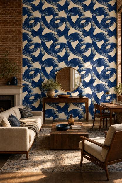 Lacivert Fırça Darbeli Geometrik Duvar Kağıdı Modern Salon