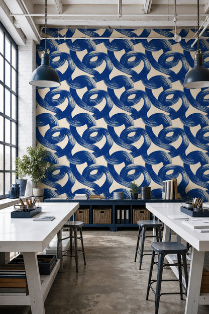 Lacivert Fırça Darbeli Geometrik Duvar Kağıdı Modern Salon