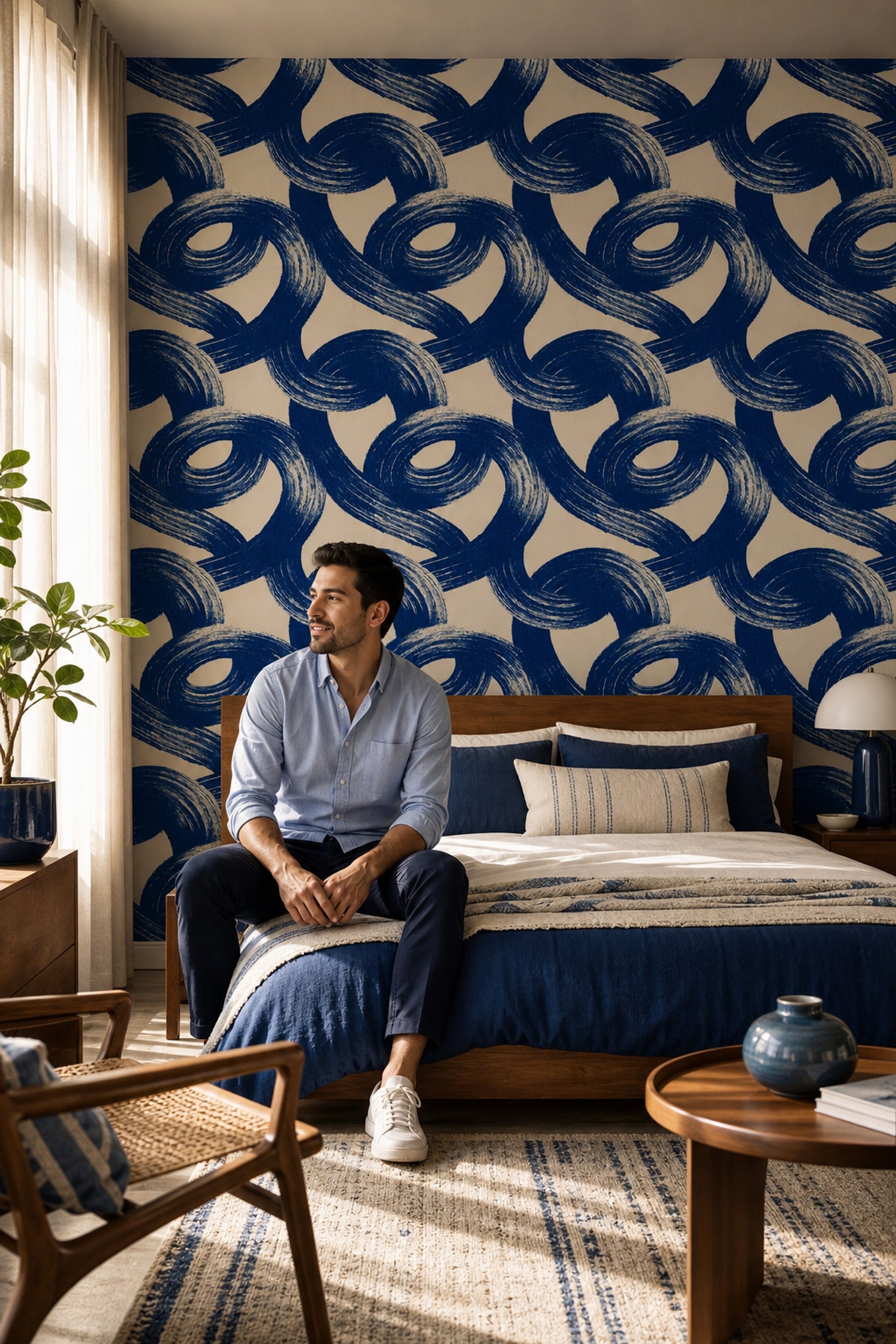 Lacivert Fırça Darbeli Geometrik Duvar Kağıdı Modern Salon