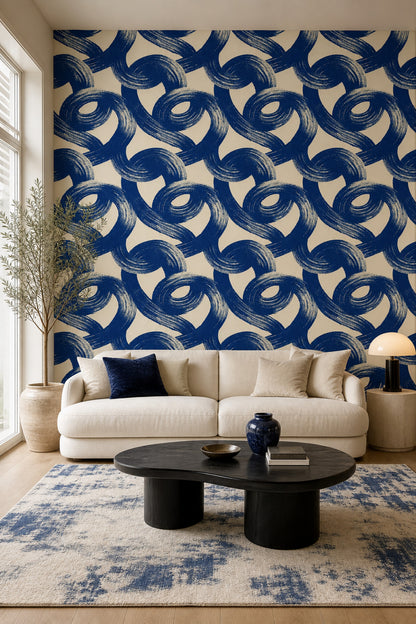 Lacivert Fırça Darbeli Geometrik Duvar Kağıdı Modern Salon