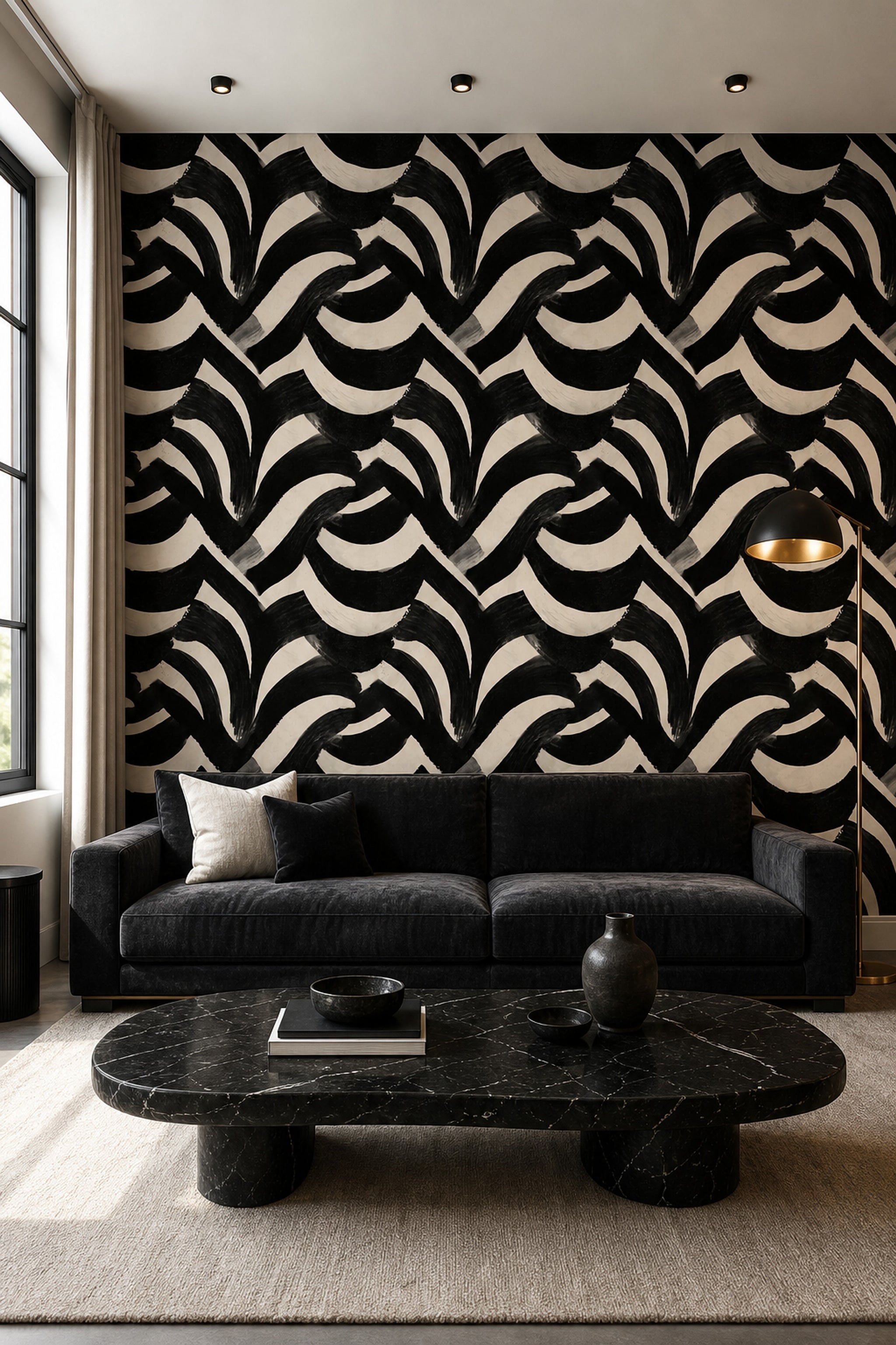 Siyah Beyaz Fırça Desenli Duvar Kağıdı Modern Salon