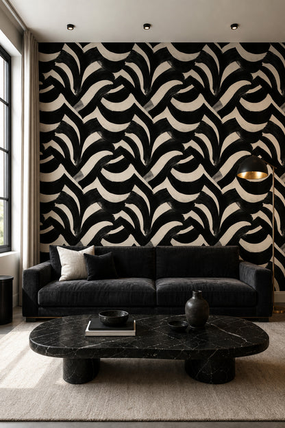 Siyah Beyaz Fırça Desenli Duvar Kağıdı Modern Salon