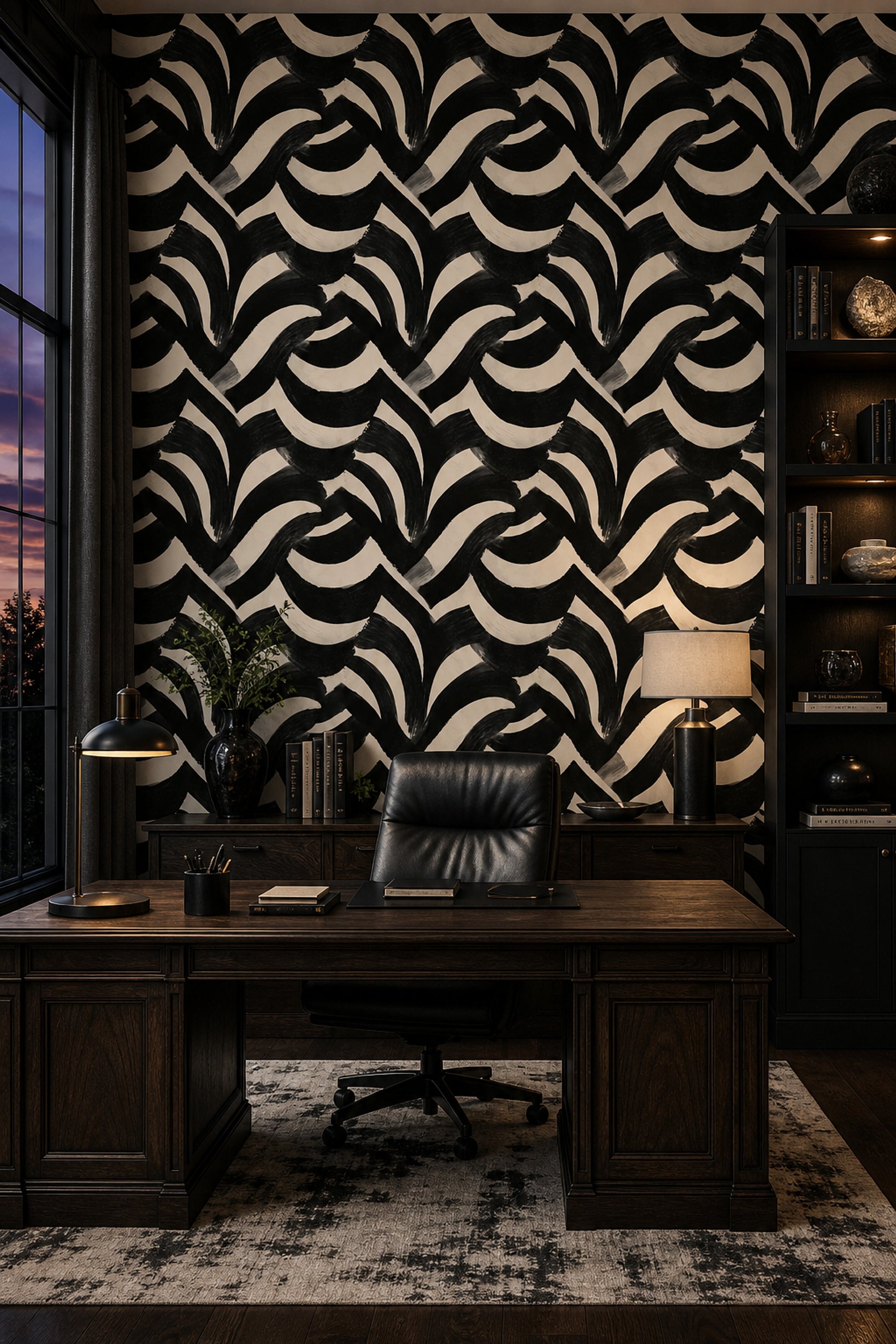 Siyah Beyaz Fırça Desenli Duvar Kağıdı Modern Salon