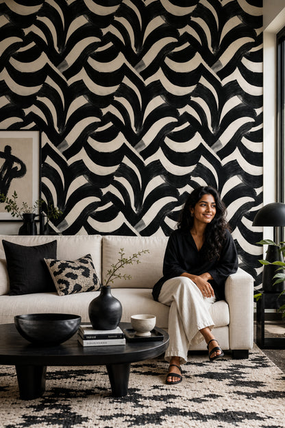 Siyah Beyaz Fırça Desenli Duvar Kağıdı Modern Salon