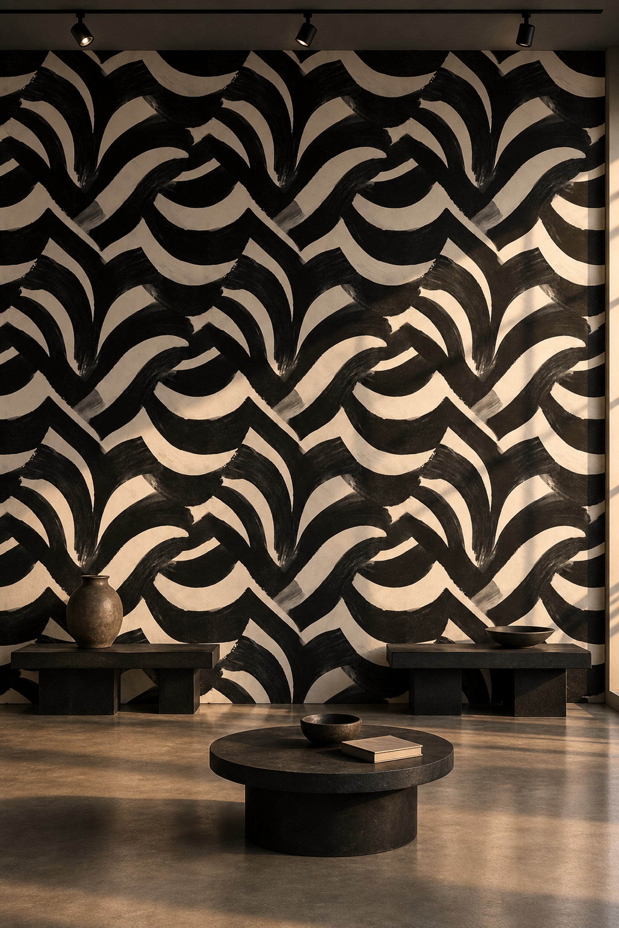 Siyah Beyaz Fırça Desenli Duvar Kağıdı Modern Salon