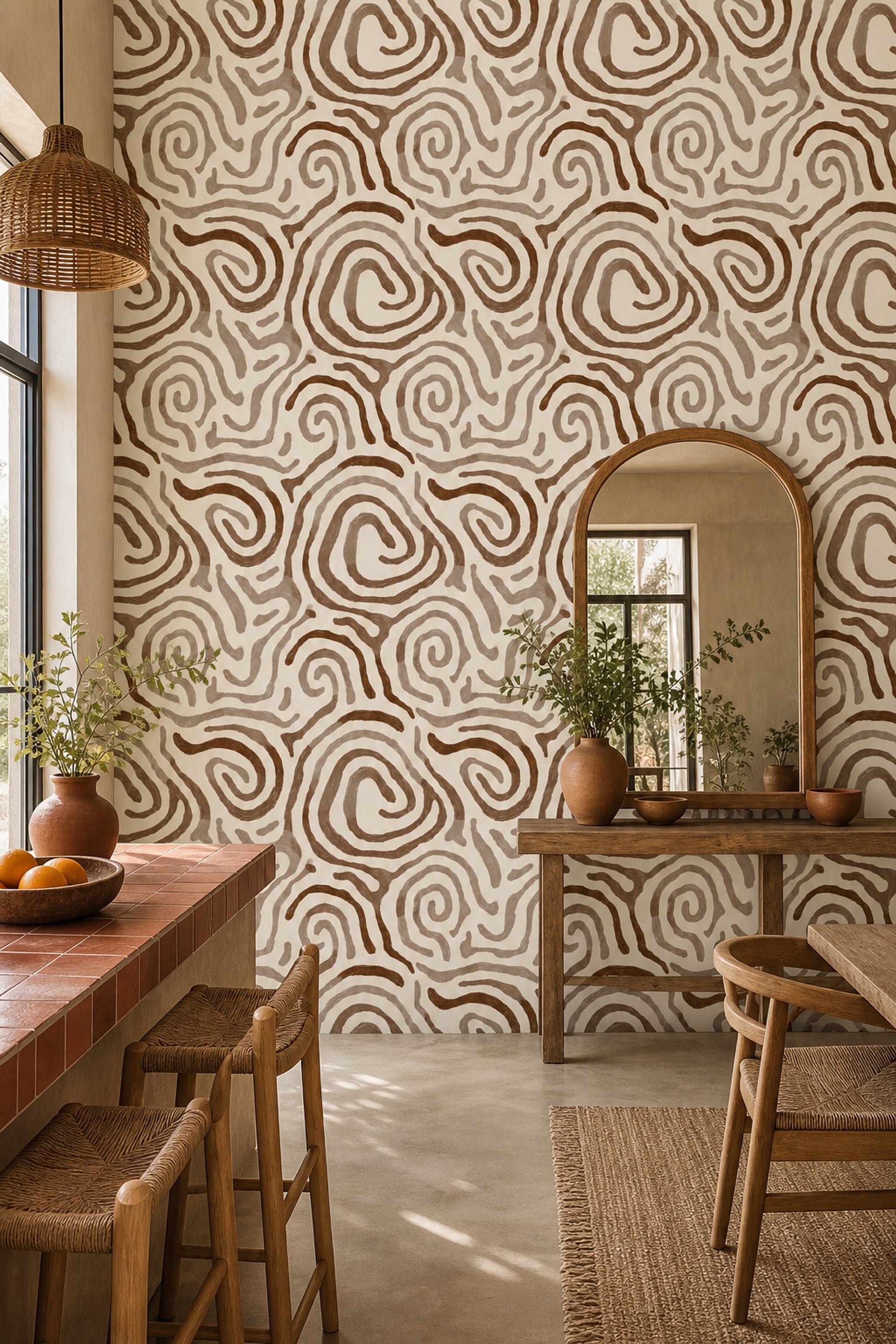 Soyut Kıvrımlı Duvar Kağıdı Bej Kahverengi Modern Desen