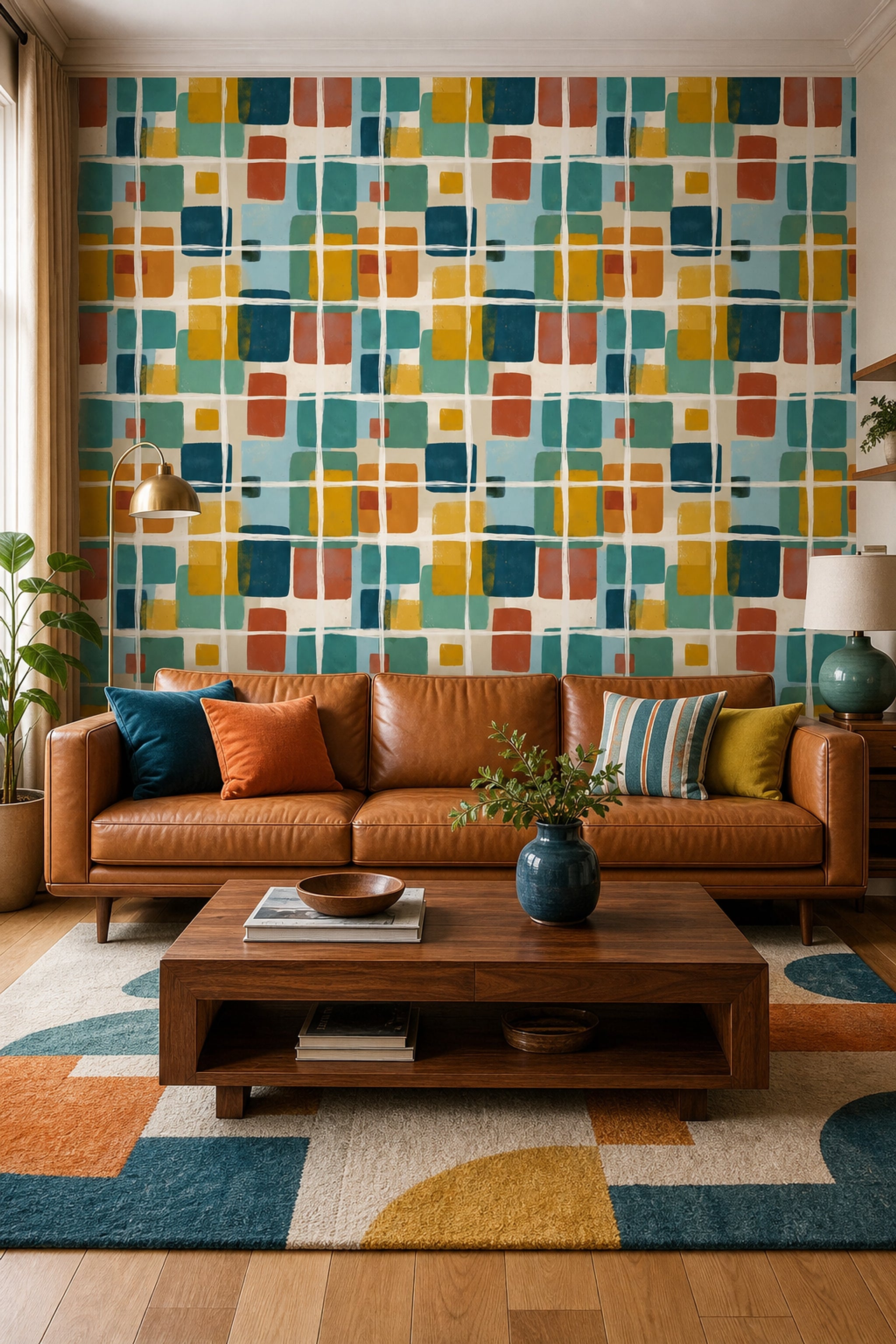 Renkli Kareli Geometrik Duvar Kağıdı Modern Salon Dekoru