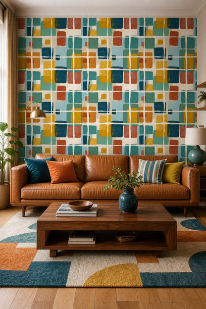 Renkli Kareli Geometrik Duvar Kağıdı Modern Salon Dekoru