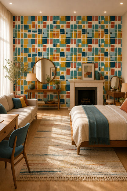 Renkli Kareli Geometrik Duvar Kağıdı Modern Salon Dekoru