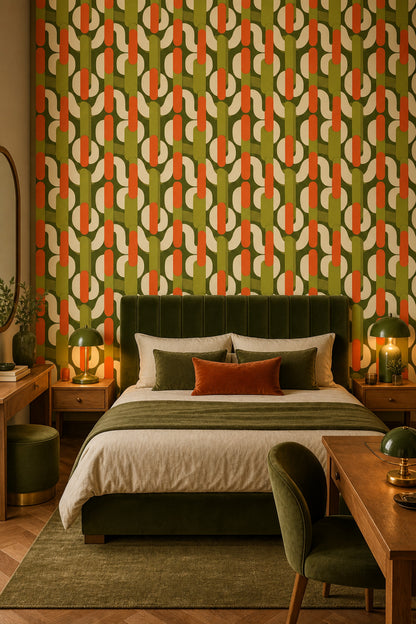 Retro Geometrik Duvar Kağıdı Yeşil Turuncu Desenli Salon