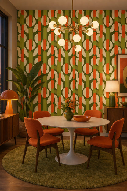 Retro Geometrik Duvar Kağıdı Yeşil Turuncu Desenli Salon