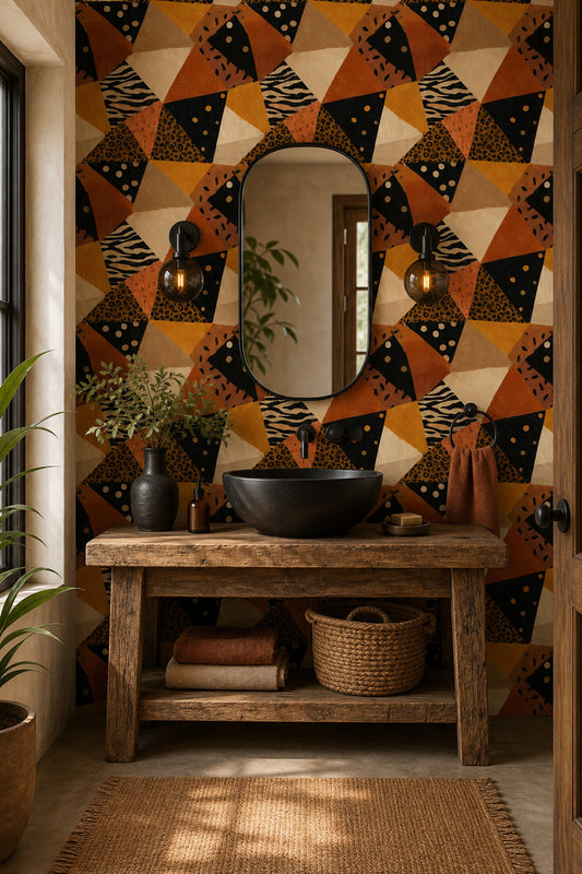 Geometrik Desenli Duvar Kağıdı Siyah Turuncu Modern Banyo
