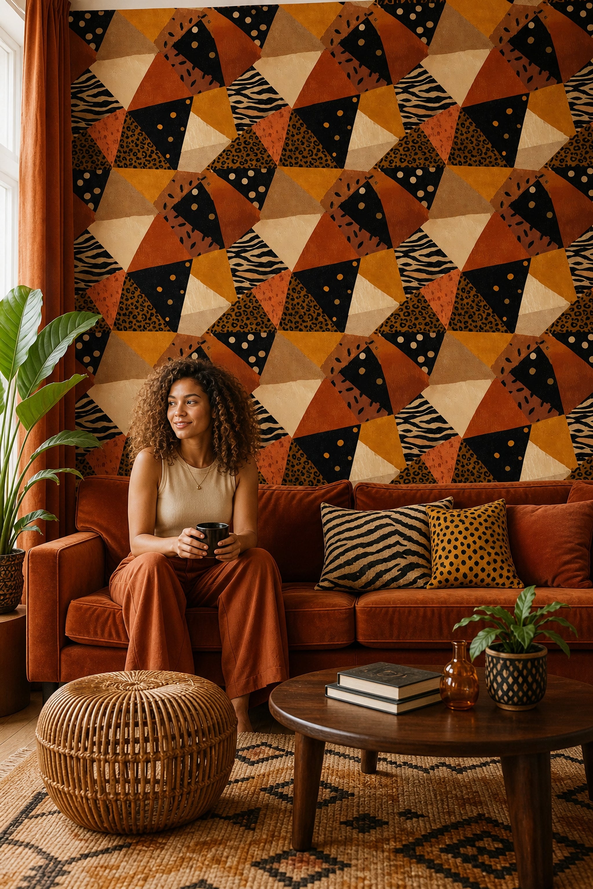 Geometrik Desenli Duvar Kağıdı Siyah Turuncu Modern Banyo