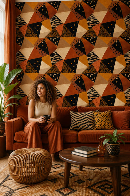 Geometrik Desenli Duvar Kağıdı Siyah Turuncu Modern Banyo