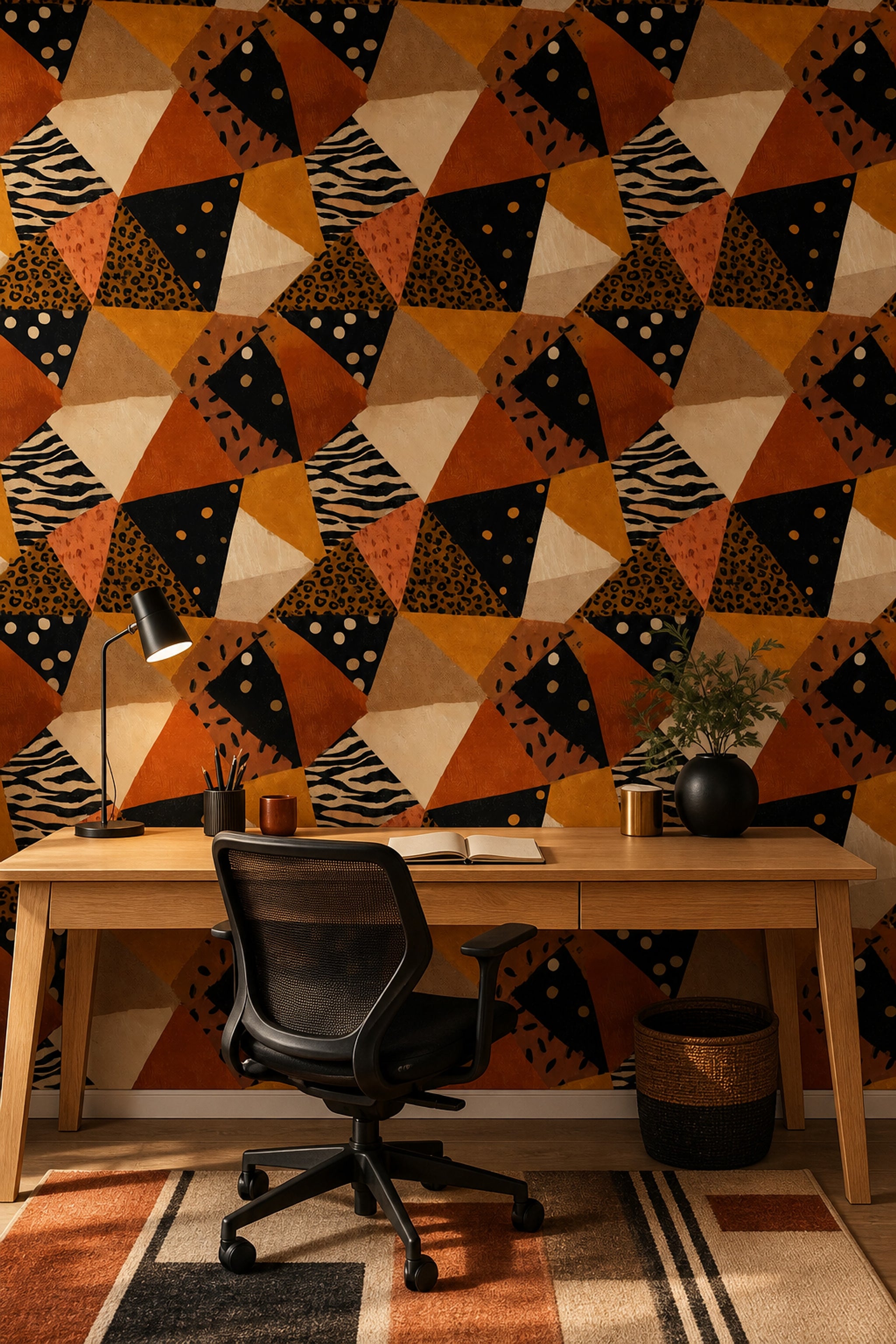 Geometrik Desenli Duvar Kağıdı Siyah Turuncu Modern Banyo