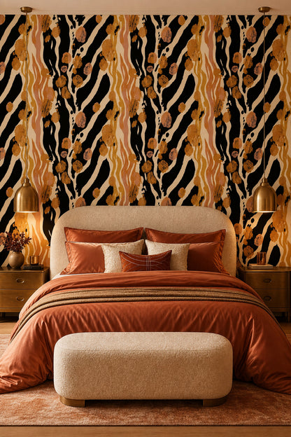 Zebra Desenli Duvar Kağıdı Siyah Kahverengi Modern Salon