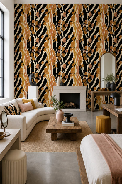 Zebra Desenli Duvar Kağıdı Siyah Kahverengi Modern Salon