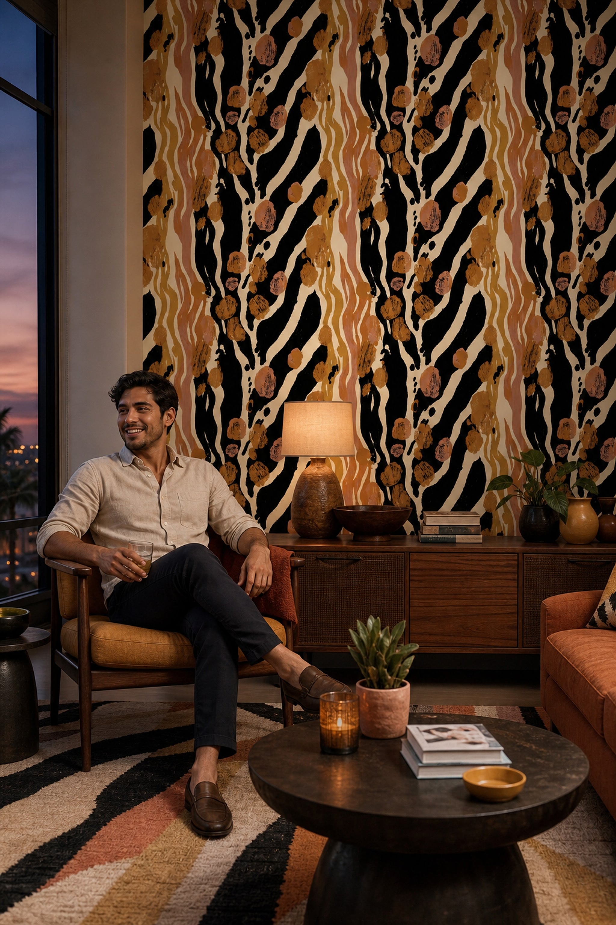 Zebra Desenli Duvar Kağıdı Siyah Kahverengi Modern Salon