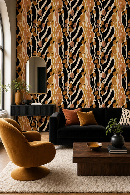 Zebra Desenli Duvar Kağıdı Siyah Kahverengi Modern Salon
