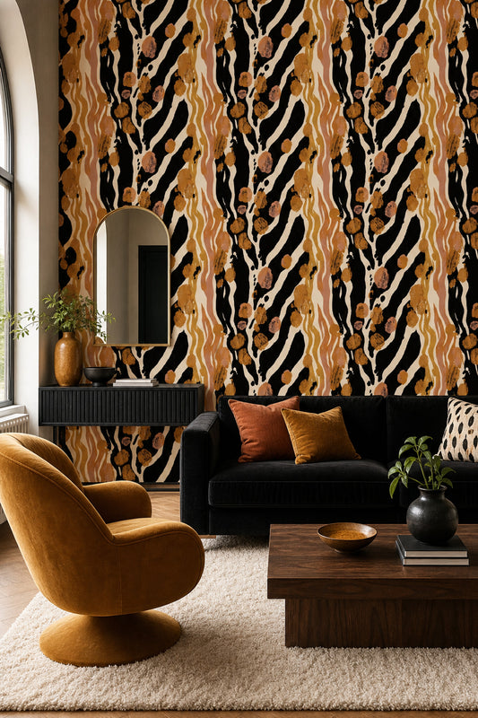 Zebra Desenli Duvar Kağıdı Siyah Kahverengi Modern Salon