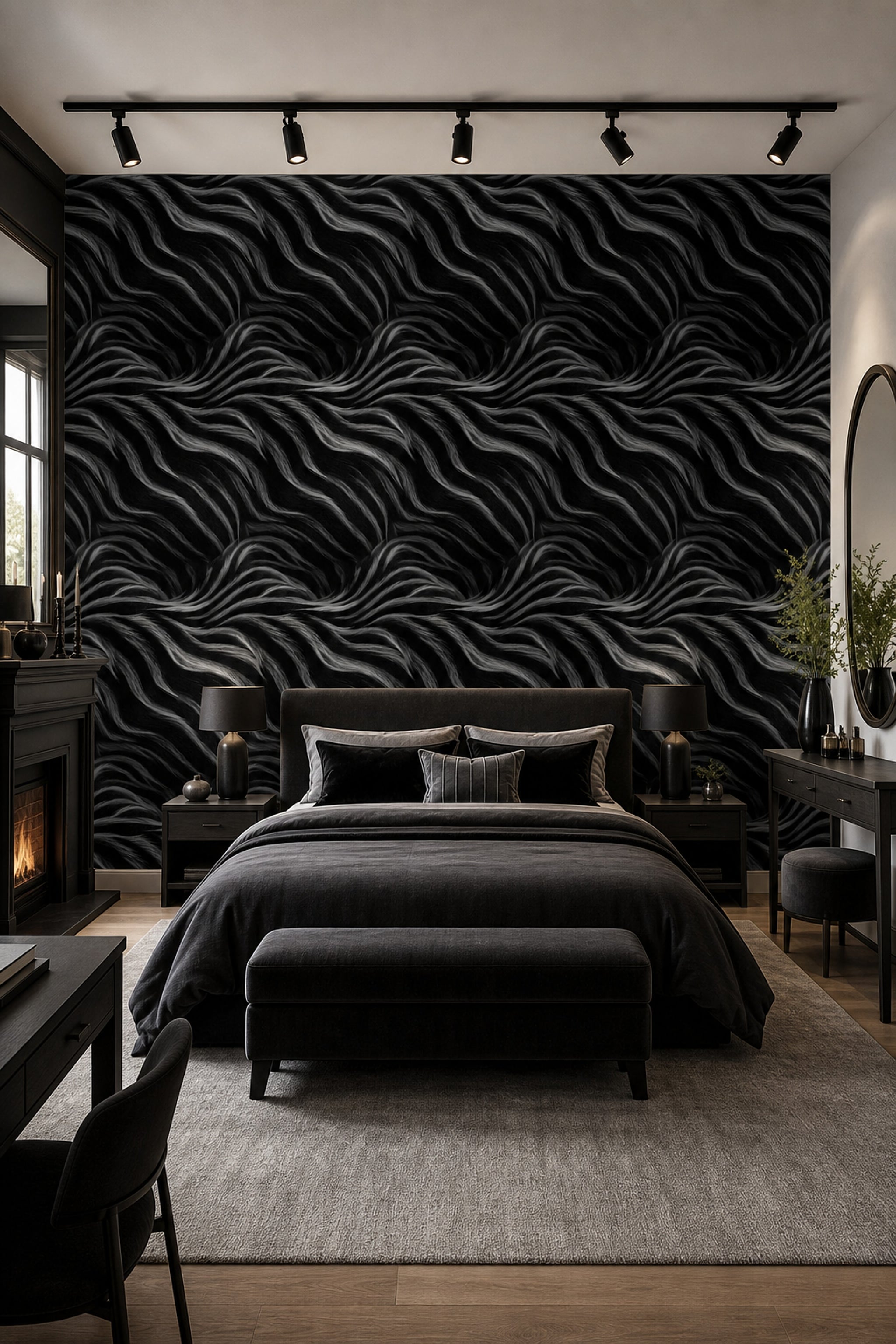 Siyah Beyaz Dalga Desenli Duvar Kağıdı Modern Salon